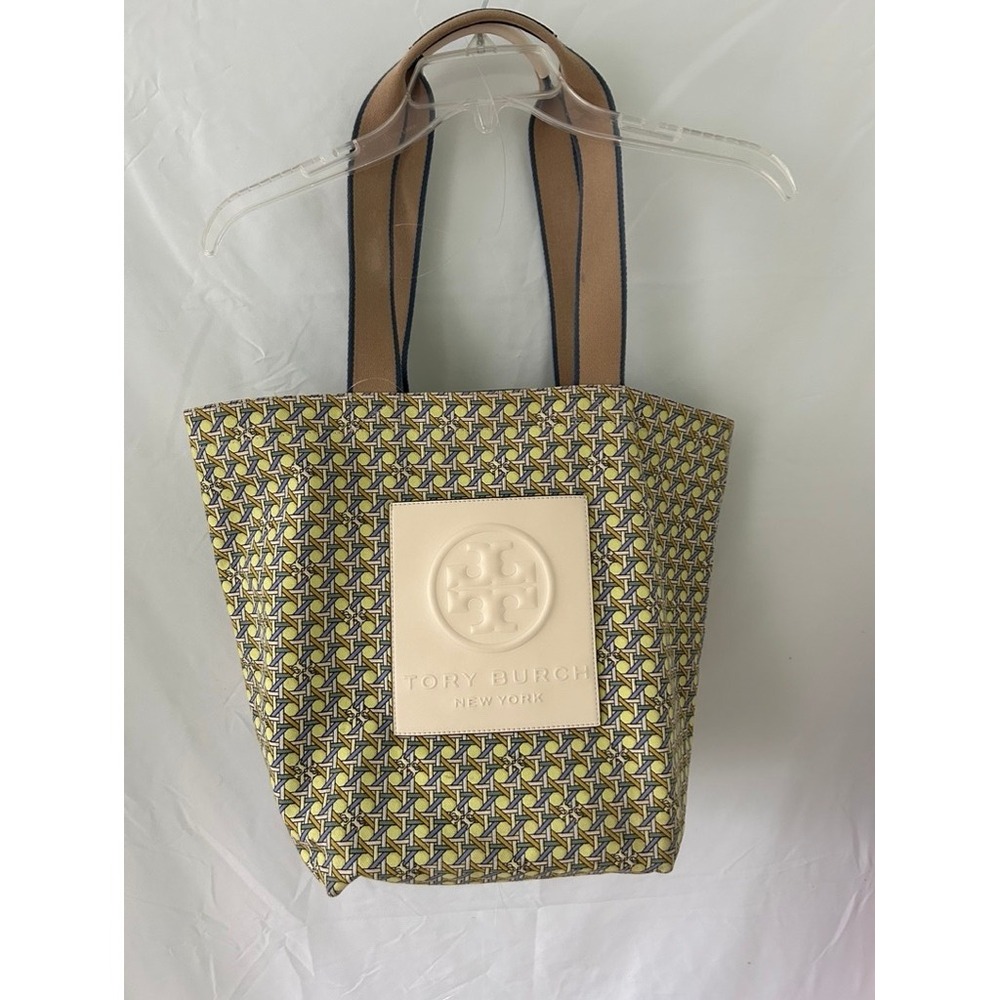 Tory Burch Ella Basketweave Tote Bag Yellow Blue Plaid Lining Canvas Leather Log